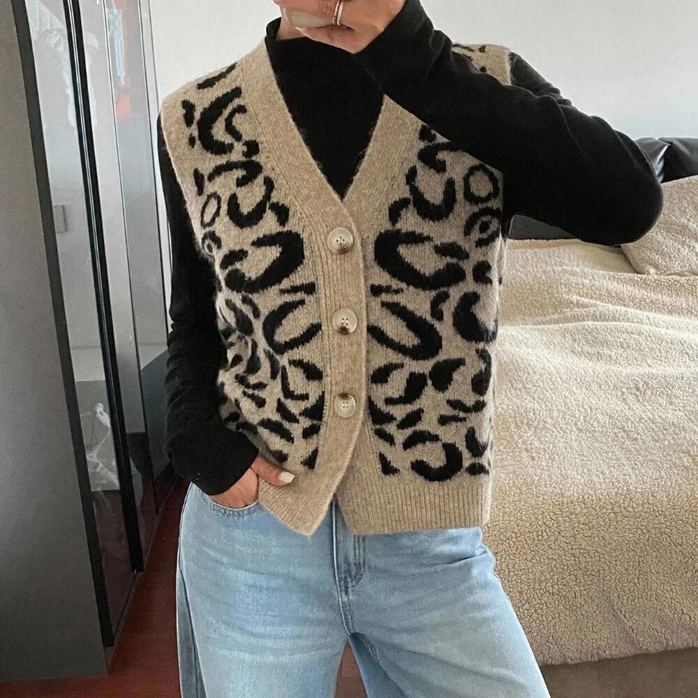 Multicolor Casual Women's Single Breasted V-Neck Leopard Print Knit sweater Vest